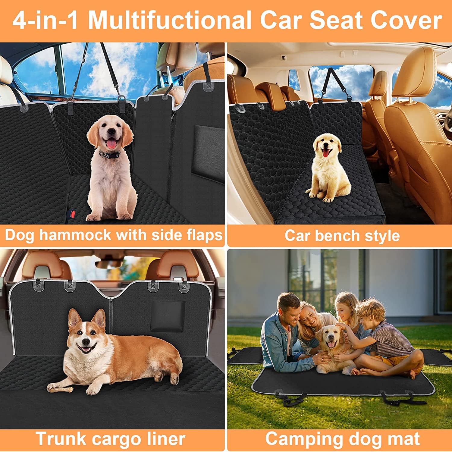 Premium Heavy Duty Waterproof Dog Car Seat Cover - Scratch-Resistant Hammock for Sedans, Trucks & SUVs - 2025 Upgraded Safety for Pets in Classic Black