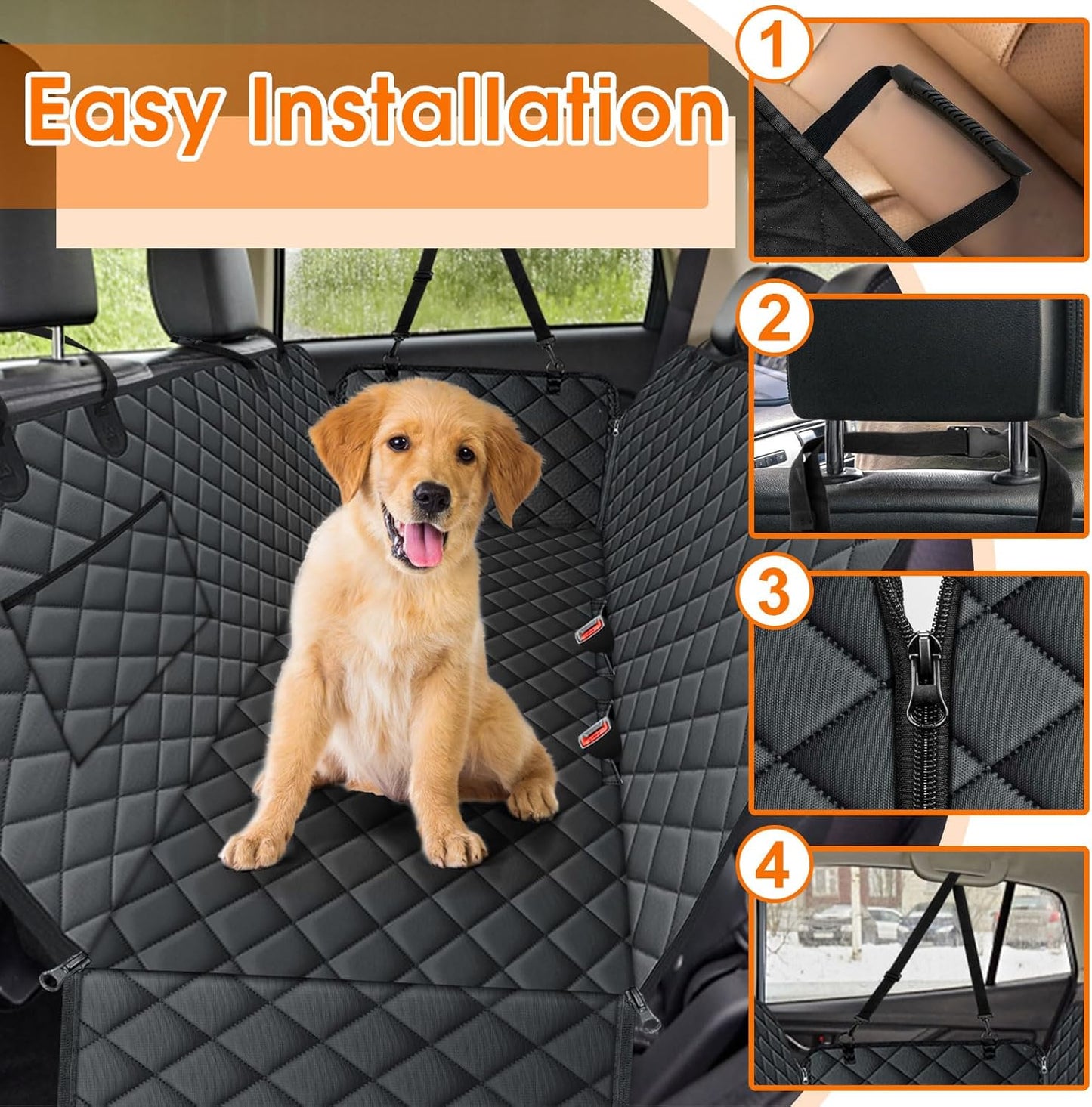 Waterproof Dog Car Seat Cover – Heavy-Duty, Nonslip Pet Hammock with Side Flaps & Storage Pockets, Scratchproof Protector for Cars, SUVs & Trucks (Black, Size S)