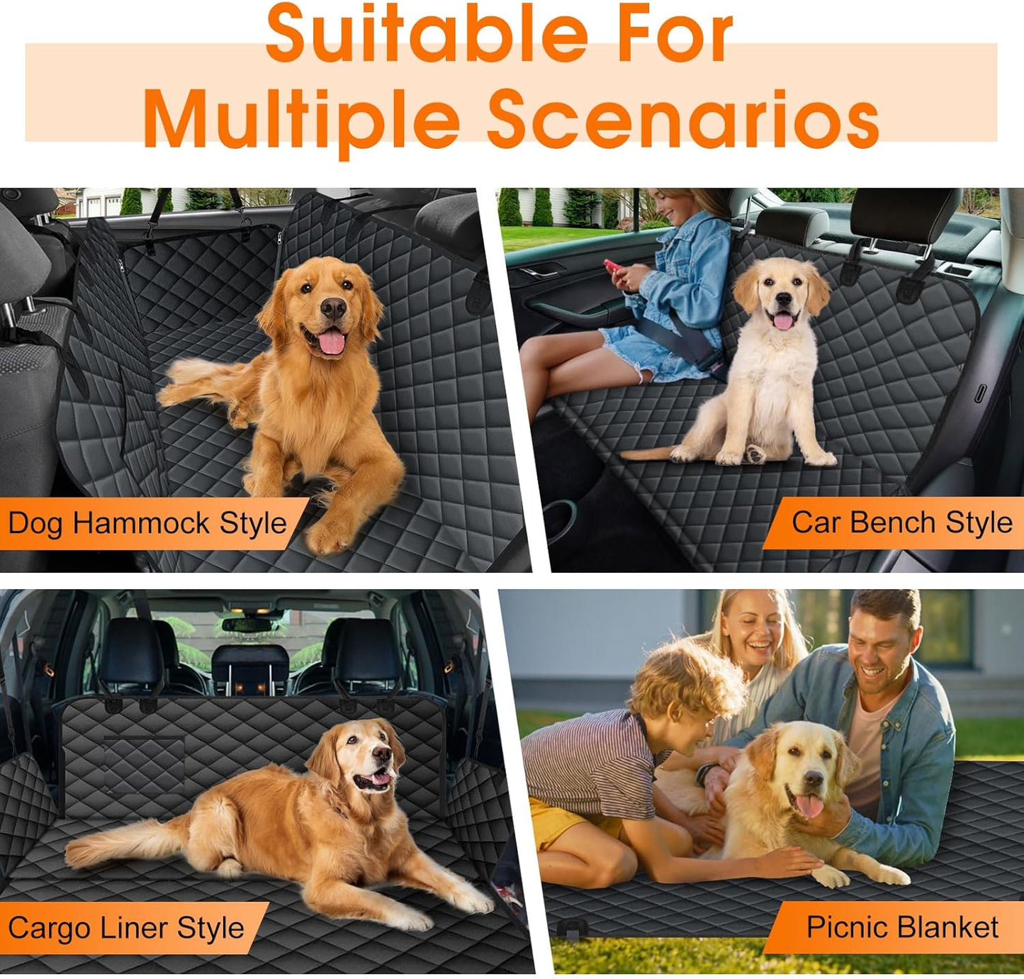 Waterproof Dog Car Seat Cover – Heavy-Duty, Nonslip Pet Hammock with Side Flaps & Storage Pockets, Scratchproof Protector for Cars, SUVs & Trucks (Black, Size S)